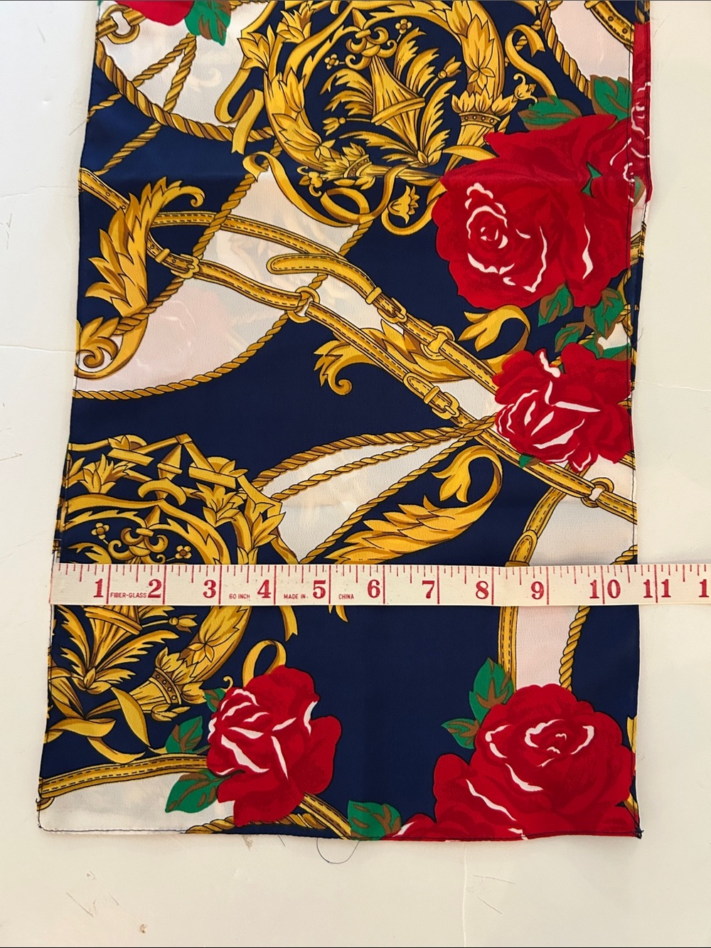 vintage scarf gold baroque rope, chain, red roses medallion print navy white - Picture 5 of 6